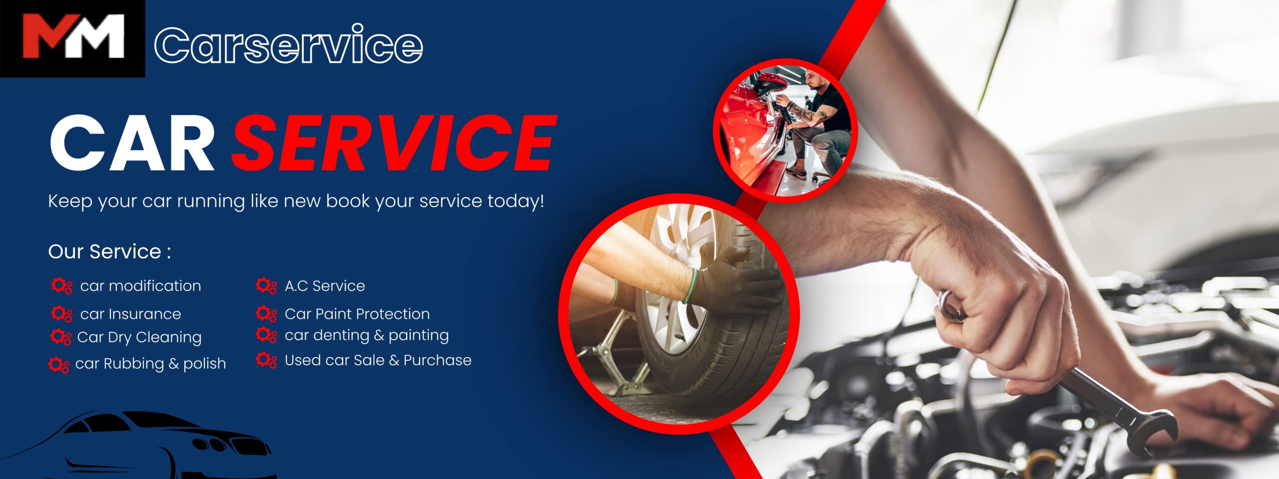 Car Service poster worker working on car tries and denting